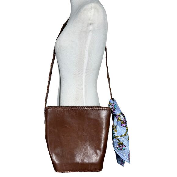 Vintage Brown Leather Shoulder Bag Woven Strap Floral Scarf Boho Classic Casual - Picture 1 of 10